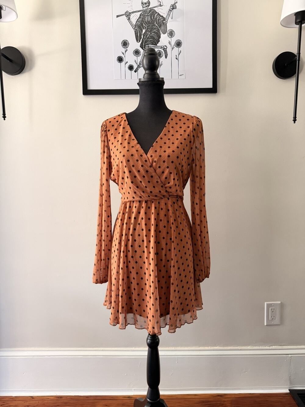 Inspired Hearts Orange Polka Dot Wrap Dress Long Sleeve Tie Waist Size M